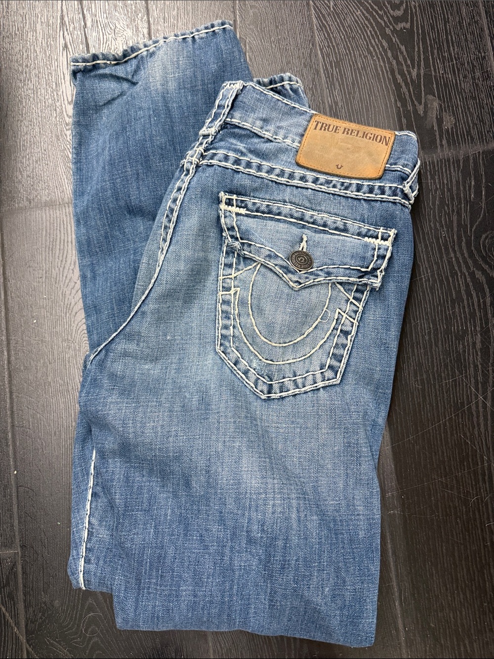 True Religion Light Blue Washed Denim Jeans with Signature Pocket